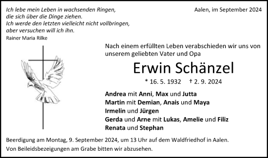 Traueranzeige von Erwin Schänzel von Schwäbische Post