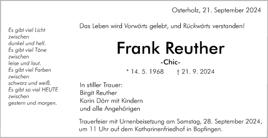 Traueranzeige von Frank Reuther von Schwäbische Post