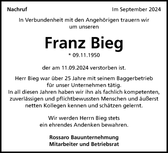 Traueranzeige von Franz Bieg von Schwäbische Post