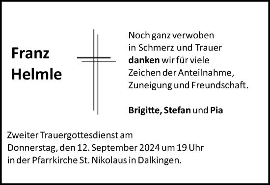 Traueranzeige von Franz Helmle von Schwäbische Post