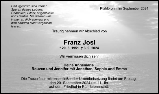 Traueranzeige von Franz Josl von Gmünder Tagespost