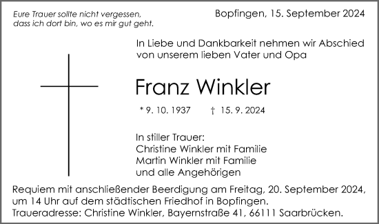 Traueranzeige von Franz Winkler von Schwäbische Post