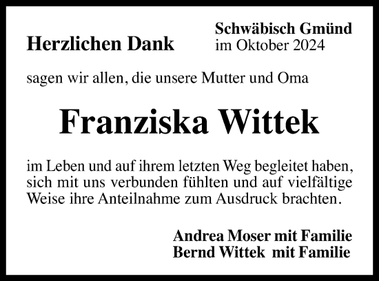 Traueranzeige von Franziska Wittek von Gmünder Tagespost