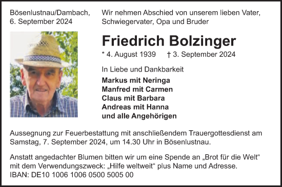 Traueranzeige von Friedrich Bolzinger von Schwäbische Post
