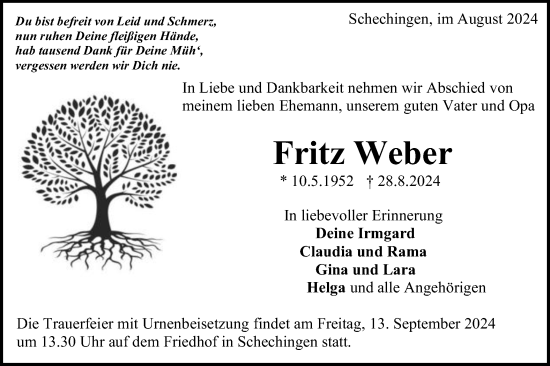 Traueranzeige von Fritz Weber von Gmünder Tagespost