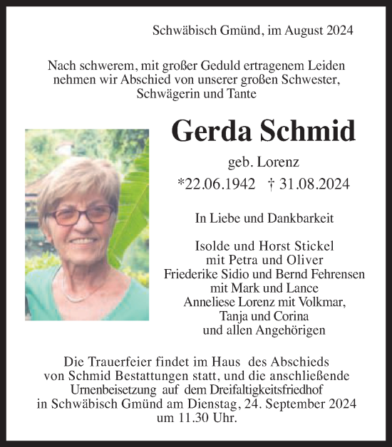 Traueranzeige von Gerda Schmid von Gmünder Tagespost