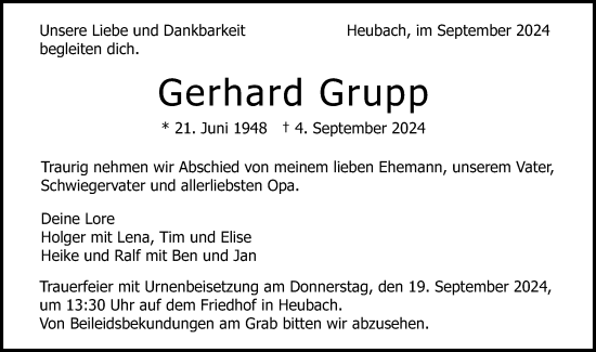 Traueranzeige von Gerhard Grupp von Gmünder Tagespost