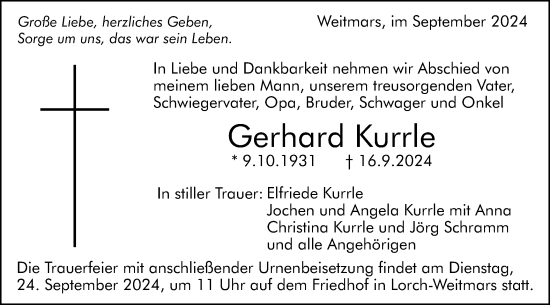 Traueranzeige von Gerhard Kurrle von Gmünder Tagespost