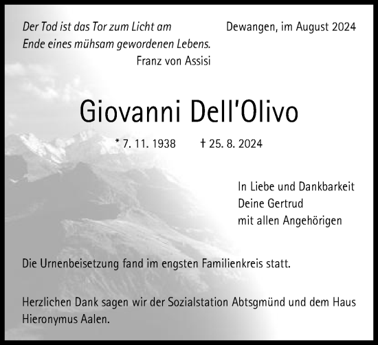 Traueranzeige von Giovanni Dell’Olivo von Schwäbische Post