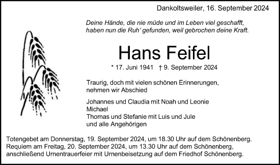Traueranzeige von Hans Feifel von Schwäbische Post