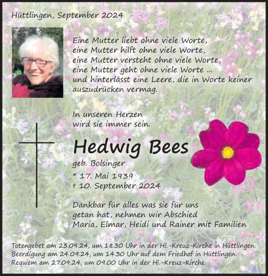 Traueranzeige von Hedwig Bees von Schwäbische Post