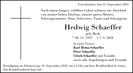 Traueranzeige von Hedwig Schaeffer von Schwäbische Post