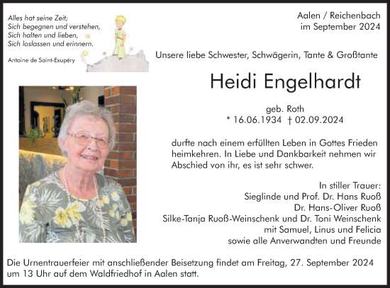 Traueranzeige von Heidi Engelhardt von Schwäbische Post