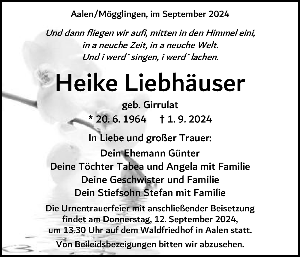 Traueranzeige für Heike Liebhäuser vom 09.09.2024 aus Schwäbische Post