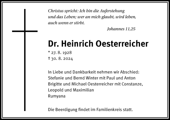 Traueranzeige von Heinrich Oesterreicher von Schwäbische Post