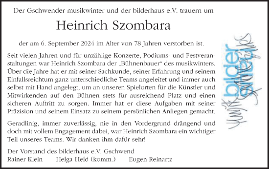 Traueranzeige von Heinrich Szombara von Gmünder Tagespost