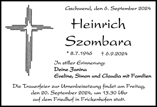 Traueranzeige von Heinrich Szombara von Gmünder Tagespost