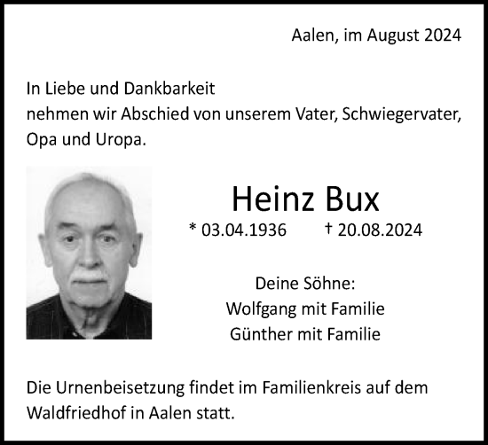 Traueranzeige von Heinz Bux von Schwäbische Post