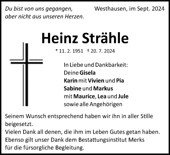 Traueranzeige von Heinz Strähle von Schwäbische Post
