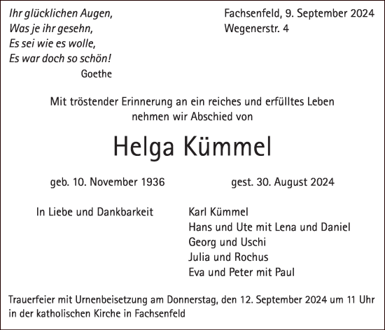 Traueranzeige von Helga Kümmel von Schwäbische Post