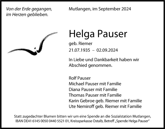 Traueranzeige von Helga Pauser von Gmünder Tagespost