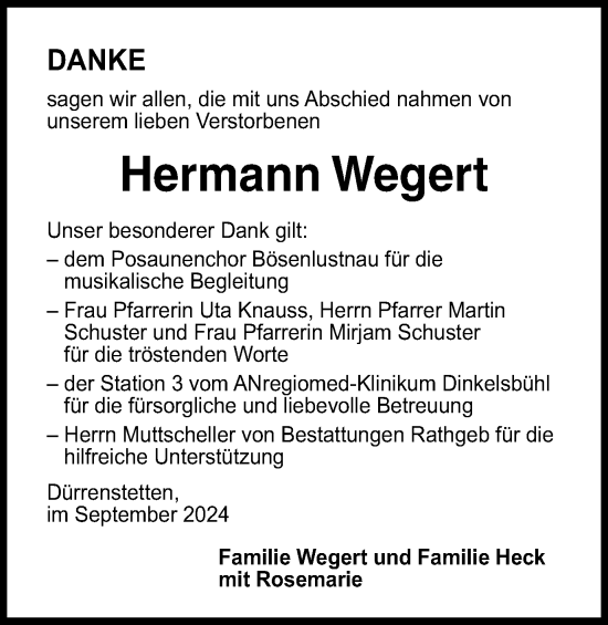 Traueranzeige von Hermann Wegert von Schwäbische Post
