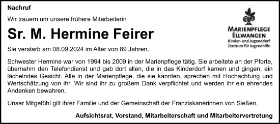 Traueranzeige von Hermine Feirer von Schwäbische Post