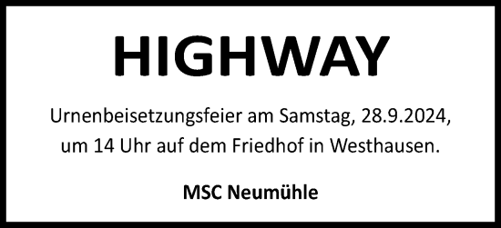 Traueranzeige von Highway  von Schwäbische Post