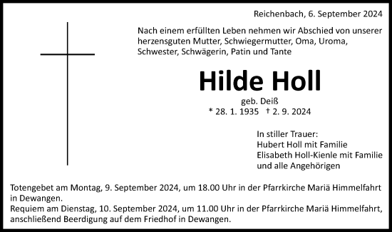 Traueranzeige von Hilde Holl von Schwäbische Post