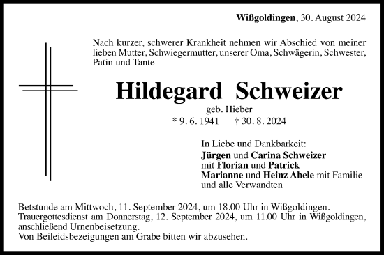 Traueranzeige von Hildegard Schweizer von Gmünder Tagespost