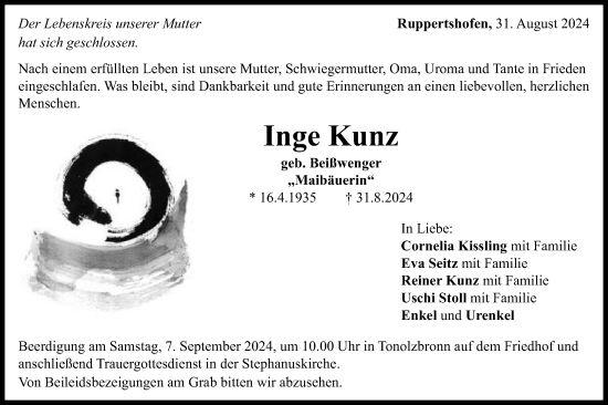 Traueranzeige von Inge Kunz von Gmünder Tagespost