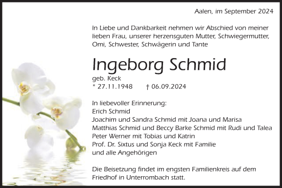 Traueranzeige von Ingeborg Schmid von Schwäbische Post
