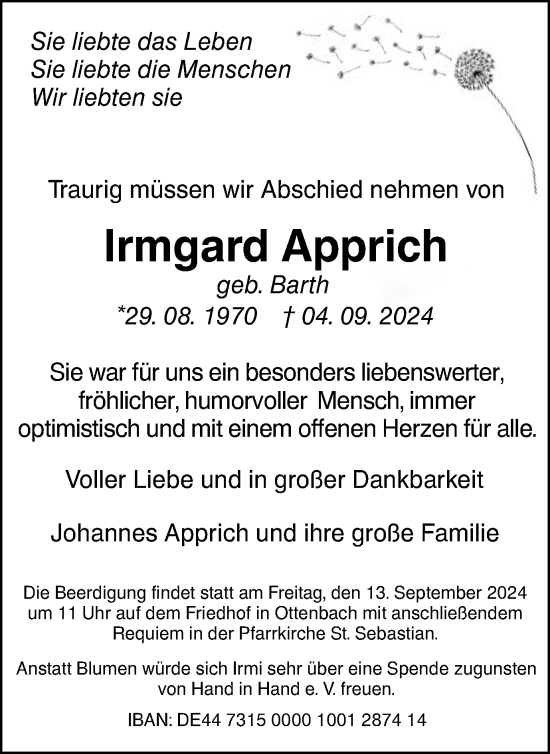 Traueranzeige von Irmgard Apprich von Schwäbische Post