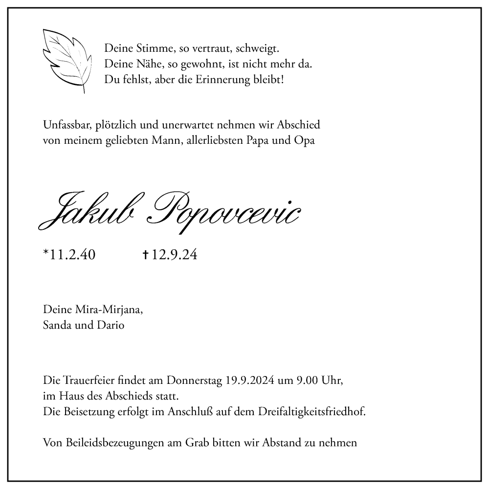  Traueranzeige für Jakub Popovcevic vom 18.09.2024 aus Gmünder Tagespost