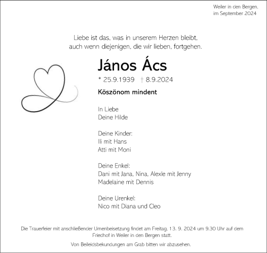 Traueranzeige von Janos Acs von Gmünder Tagespost