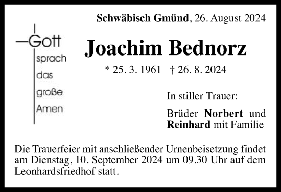 Traueranzeige von Joachim Bednorz von Gmünder Tagespost
