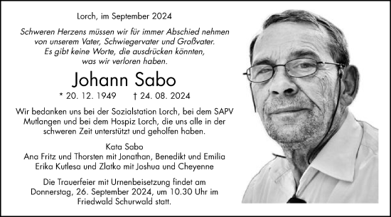 Traueranzeige von Johann Sabo von Gmünder Tagespost