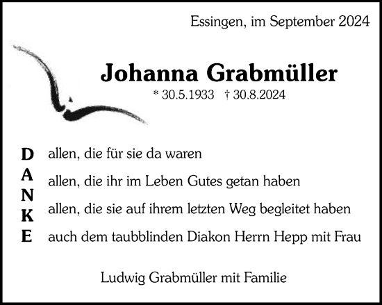 Traueranzeige von Johanna Grabmüller von Schwäbische Post