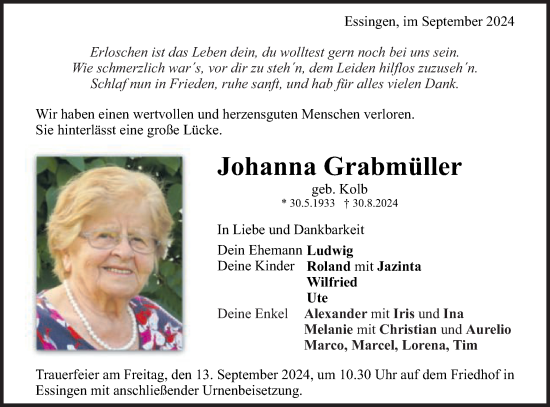 Traueranzeige von Johanna Grabmüller von Schwäbische Post