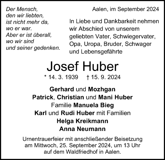 Traueranzeige von Josef Huber von Schwäbische Post