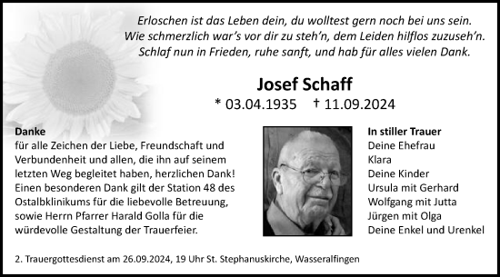Traueranzeige von Josef Schaff von Schwäbische Post