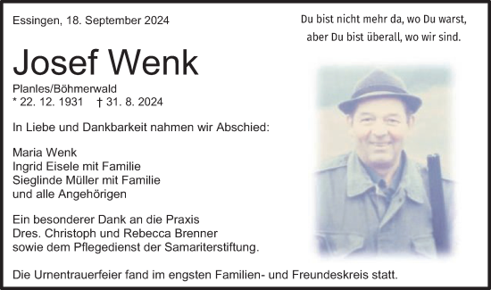 Traueranzeige von Josef Wenk von Schwäbische Post