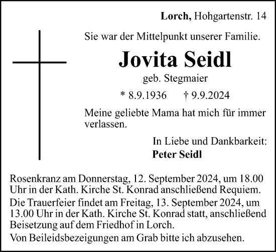 Traueranzeige von Jovita Seidl von Gmünder Tagespost