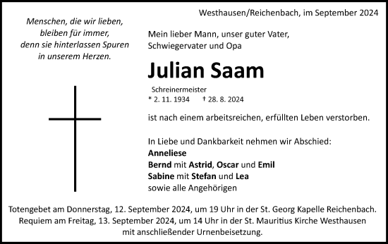 Traueranzeige von Julian Saam von Schwäbische Post
