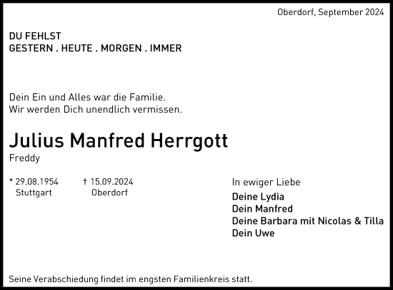 Traueranzeige von Julius Manfred Herrgott von Schwäbische Post