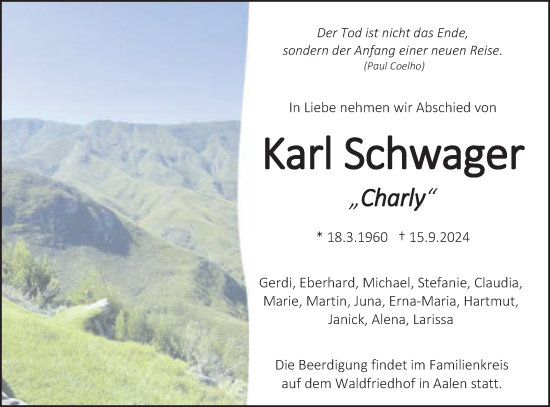 Traueranzeige von Karl Schwager von Schwäbische Post