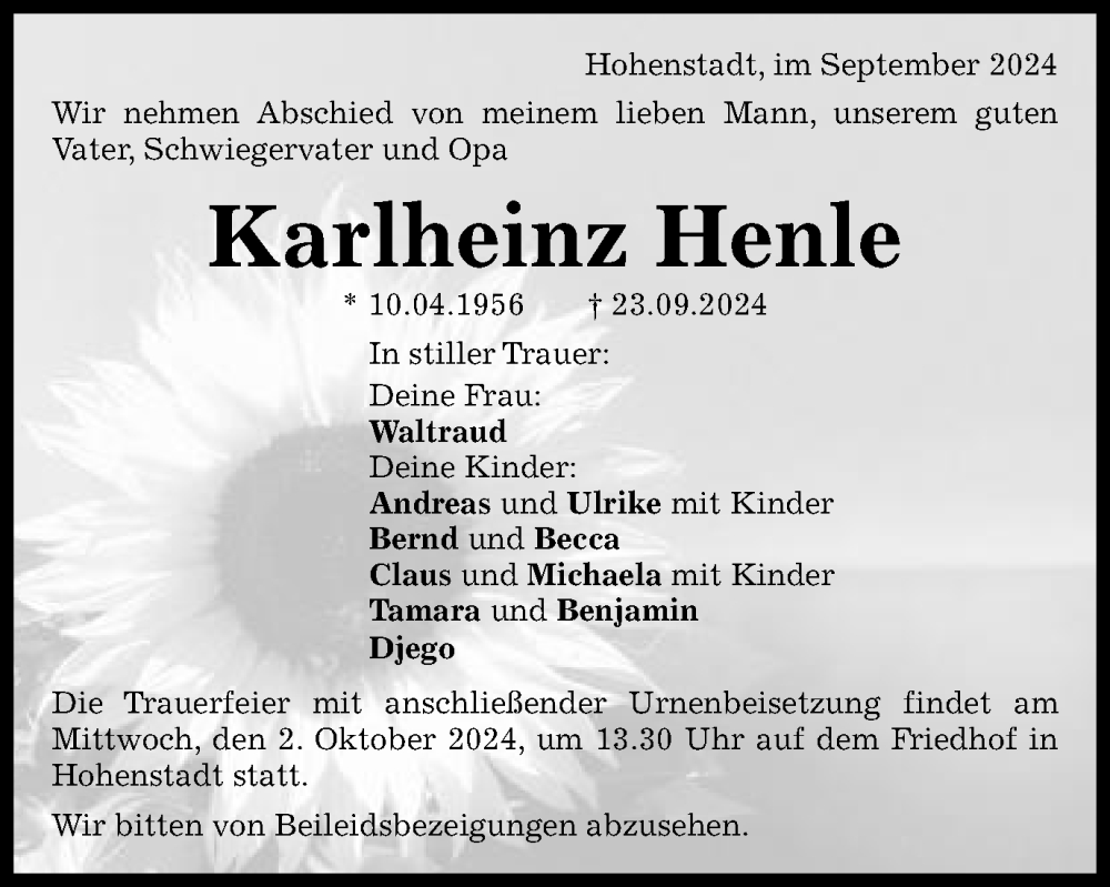  Traueranzeige für Karlheinz Henle vom 30.09.2024 aus Schwäbische Post