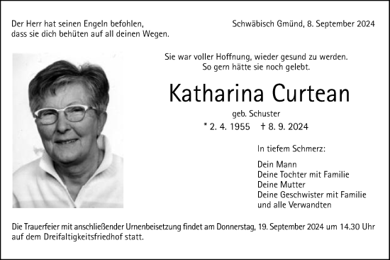 Traueranzeige von Katharina Curtean von Gmünder Tagespost
