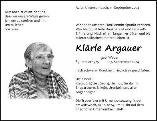 Traueranzeige von Klärle Argauer von Schwäbische Post