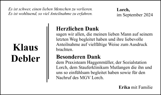 Traueranzeige von Klaus Debler von Gmünder Tagespost
